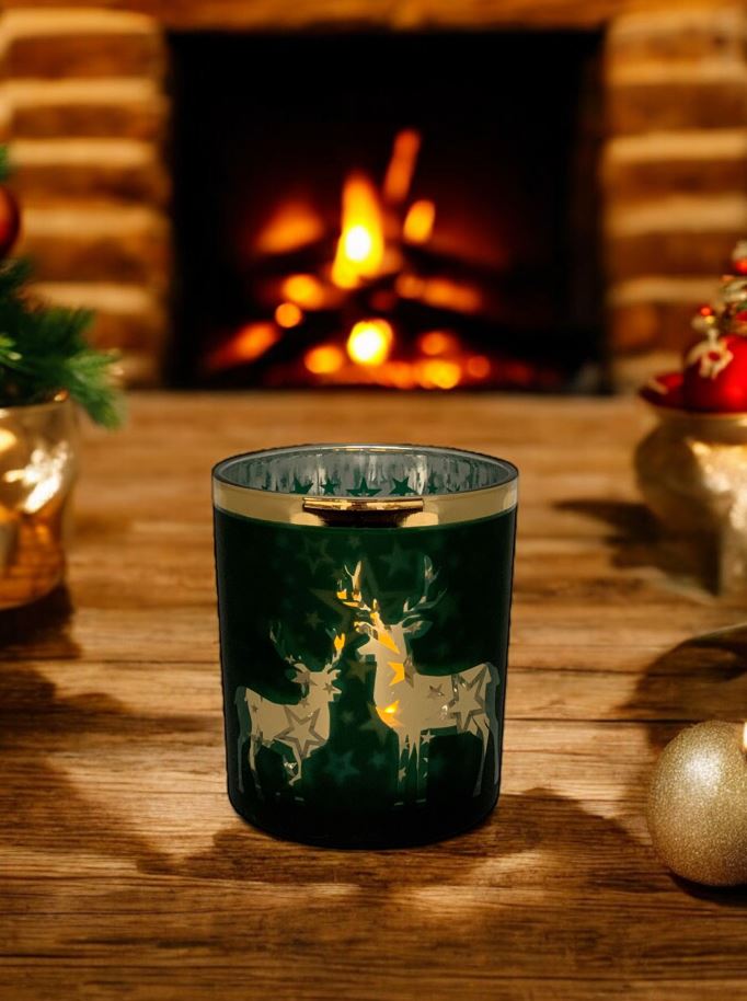 Windlicht aus Glas
Farbe: Matt Grün mit goldigem Rand
H:10cm D:8.8cm