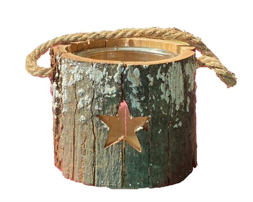 Windlicht aus Holz mit Glaseinsatz,
und Kordel,
D13.5 x H11cm
Motiv: Stern