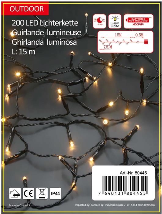 LED Outdoor Lichterkette 200 LED
warm weisses Licht
Länge 15m