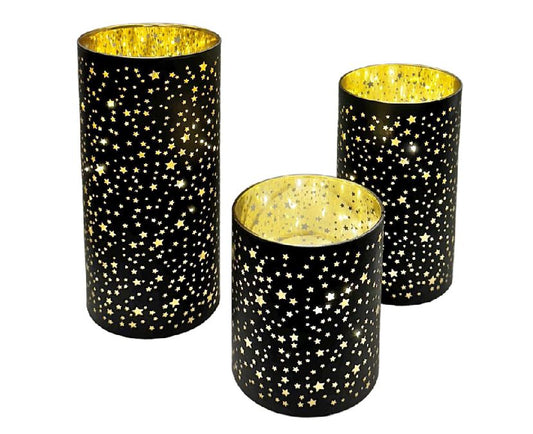 LED Windlicht schwarz aus Glas 3er Set Motiv: Sterne
