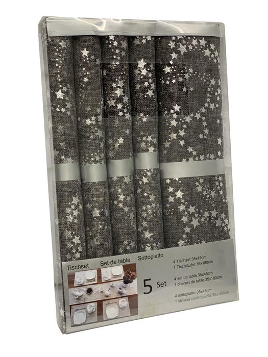 Tischset 5-teilig -
4 Tischsets plus 1 Tischläufer -
Farbe: Grau mit silber Druck