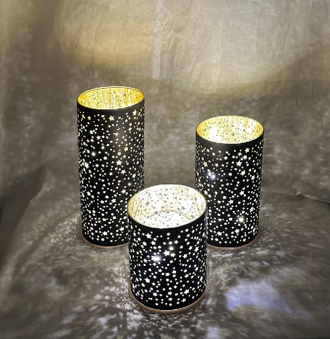 LED Windlicht schwarz aus Glas 3er Set Motiv: Sterne
