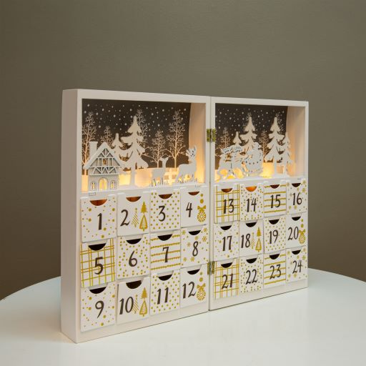 LED Adventskalender aus Holz 
befüllbar weiss mit 8 LED 
aufklappbar