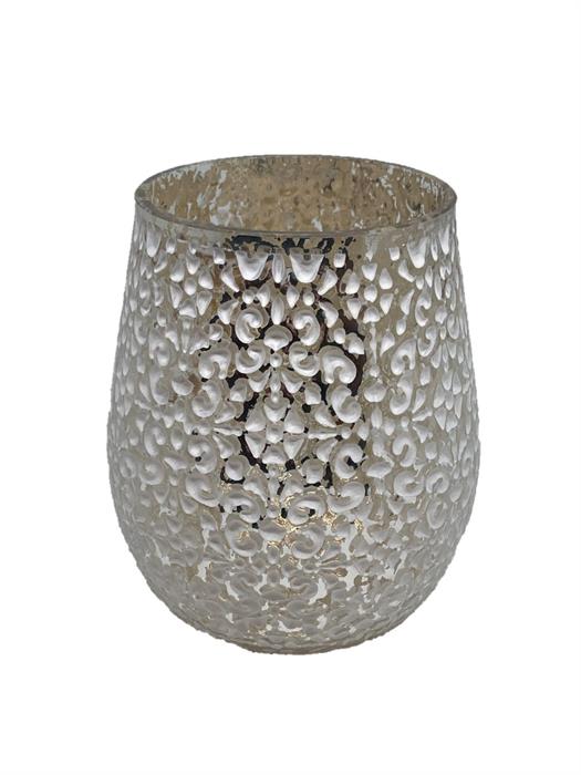 Windlicht aus Glas
silber -weiss
mit Blütenmuster H12.5cm