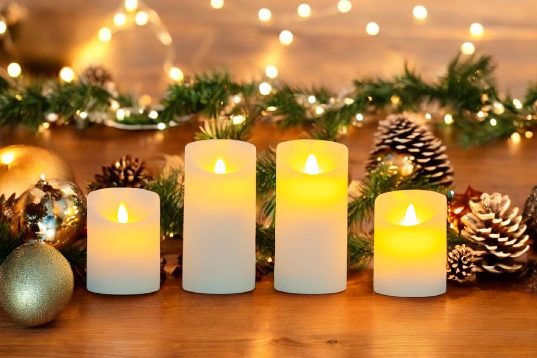 Bougie en cire LED lot de 4 flamme mobile rustique blanche
 P:7cm / 2x H:10cm + 2x H:15cm