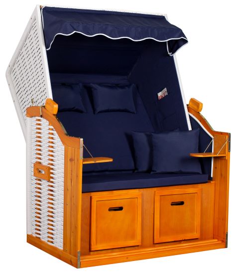 Strandkorb "Ostsee" Uni-Blau Massivholzgestell / wetterfestes Kunstrattan (weiss)