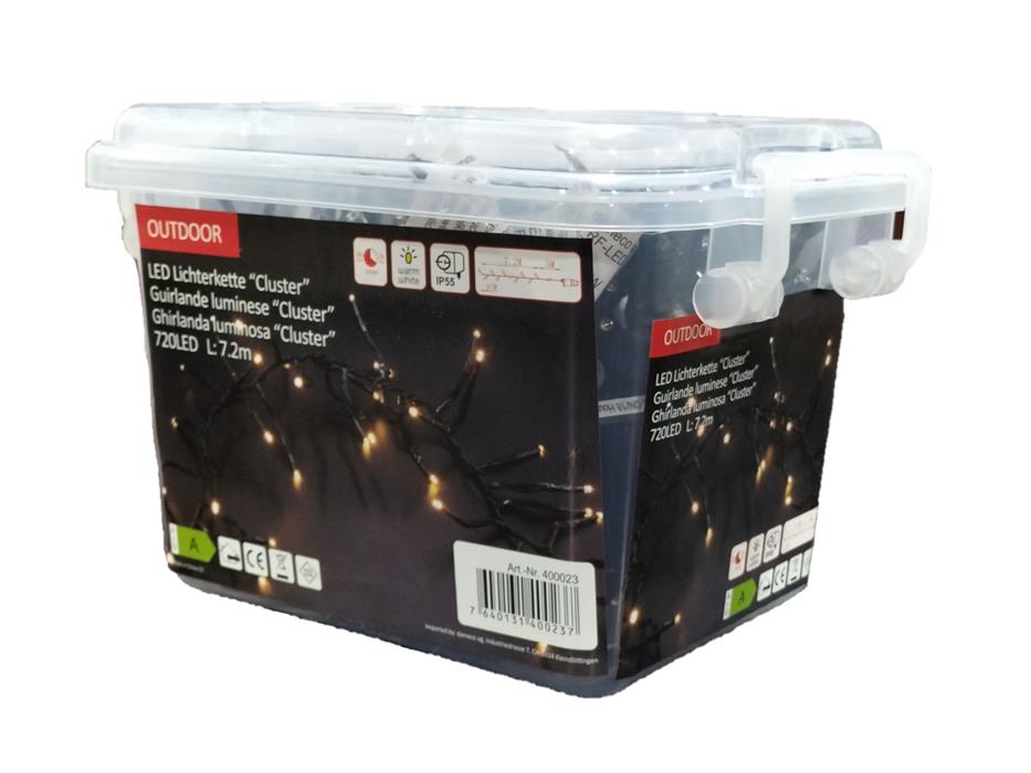 Fata di luci LED da esterno “cluster”.
720 LED a luce bianca calda
L: 720 cm Colore cavo: Verde