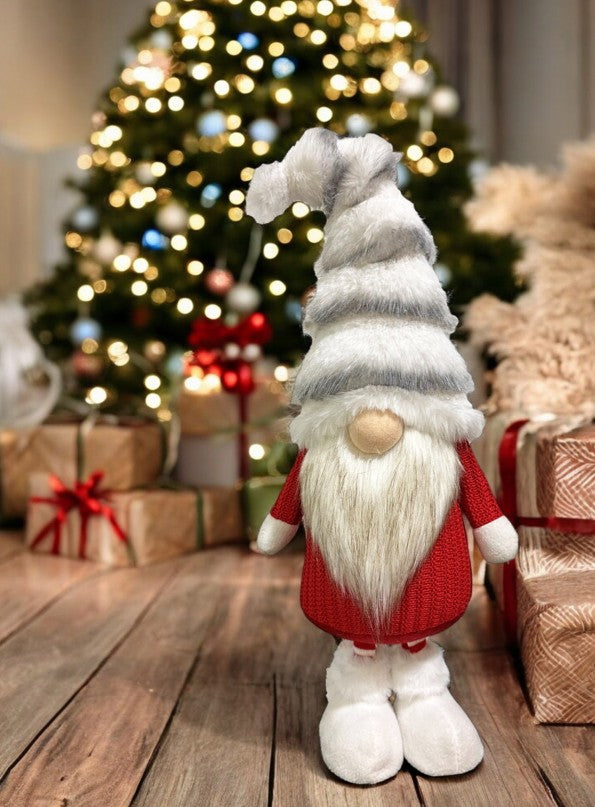 Deko Wichtel stehend rot weiss mit flauschiger Mütze grau weiss