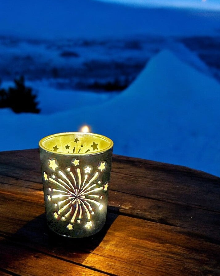 Windlicht aus Glas mit Feuerwerk Motiv