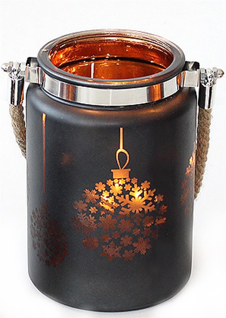 Windlicht aus Glas 
Motiv: Schneekugel 
Schwarz/gold 
H14.5cm