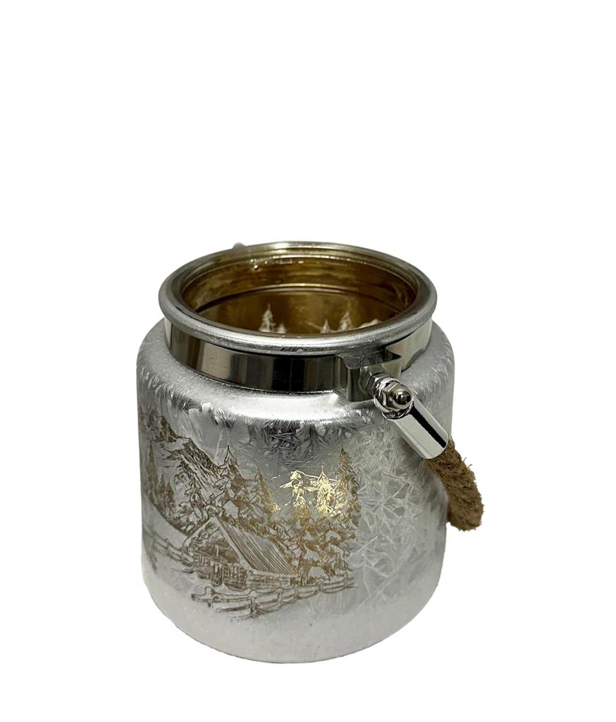 Windlicht aus Glas mit Hanfseil Henkel Bergdorfmotiv silber H10