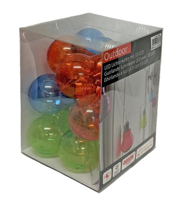 LED Lichterkette Outdoor 
10 LED Glühbirnen farbig
Batterienbetrieben