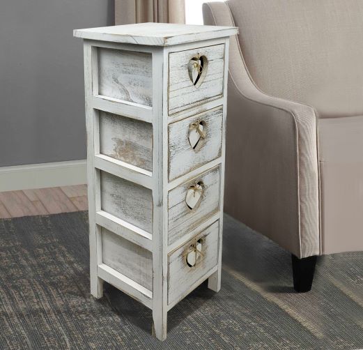 Kommode aus Holz "Herz" mit 4 Schubladen Grösse: 25x25x63cm shabby chic