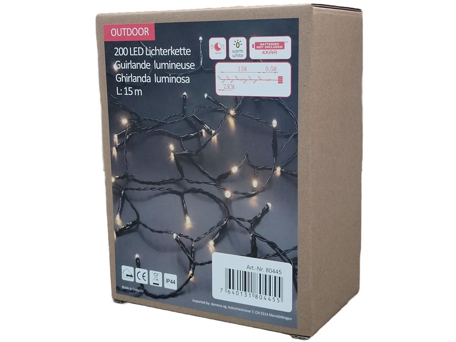 LED Outdoor Lichterkette 200 LED
warm weisses Licht
Länge 15m