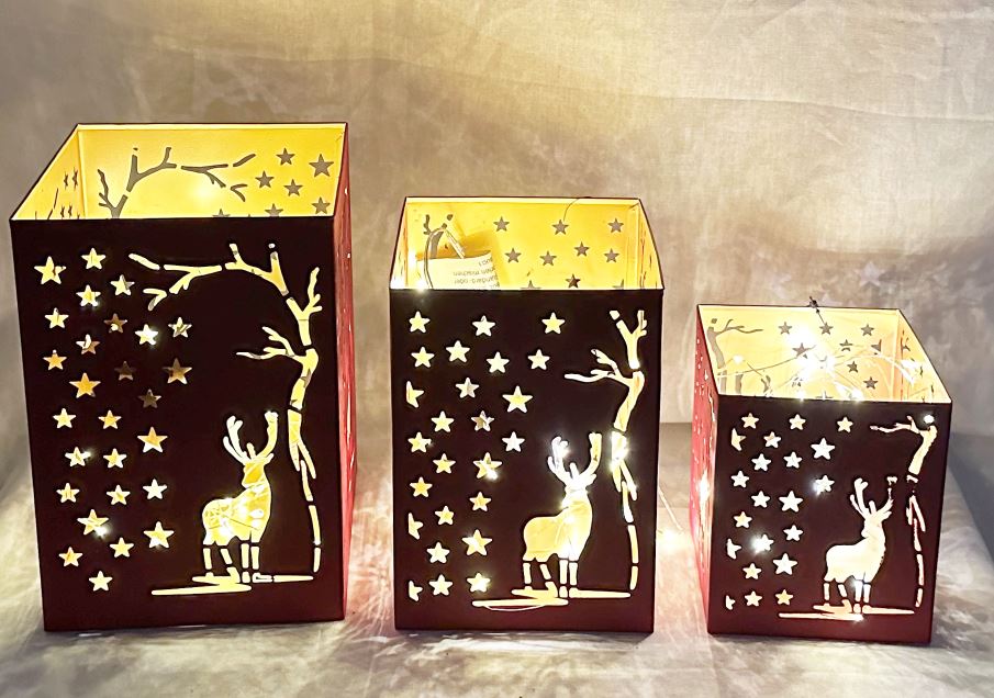 Windlicht Forest 3er Set aus Metall eckig rot