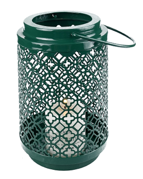 Portacandele a lanterna
realizzato in metallo H16,5 cm
con orientale
Modello fustellato