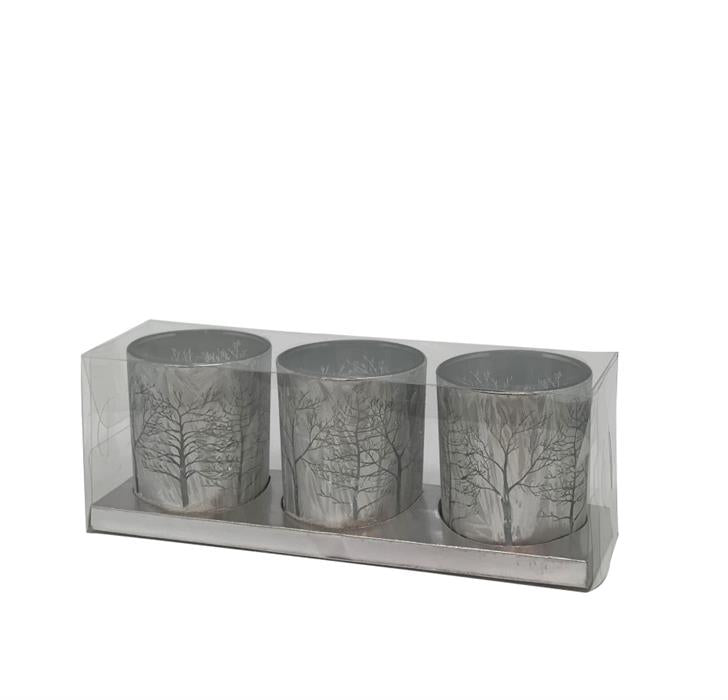 Windlicht aus Glas 3er Set
Design: Winterlandschaft
Farbe: Silber
H:7cm D:6cm