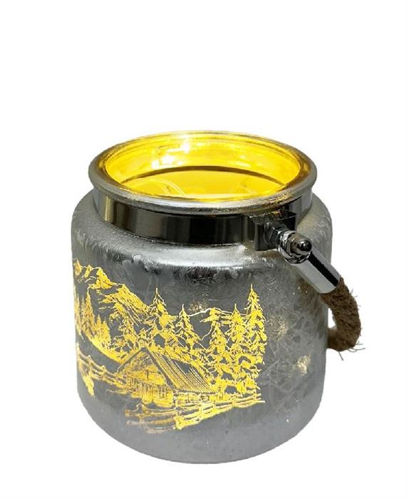 Windlicht aus Glas mit Hanfseil Henkel Bergdorfmotiv silber H10