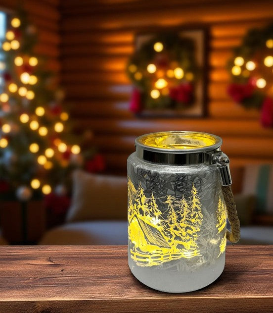 Windlicht aus Glas mit Hanfseil Henkel Bergdorfmotiv silber H14.5