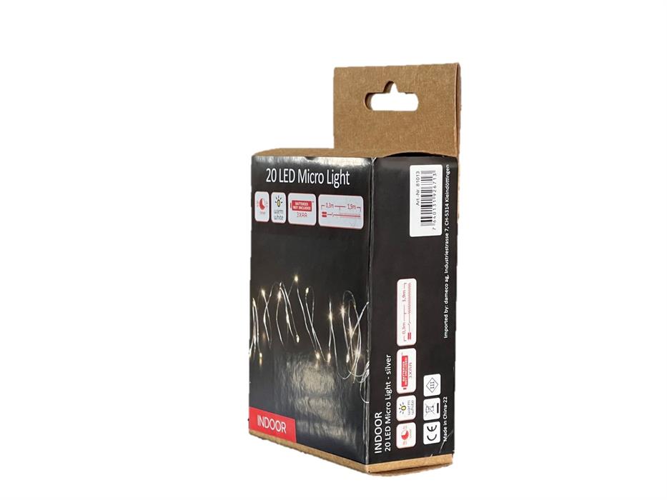 Catena luminosa LED micro filo 20 LED
L: 190 cm
filo d'argento