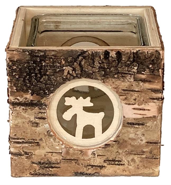 Windlicht aus Holz mit Glaseinsatz
L12cm x B12cm xH11cm
Motiv: Elch