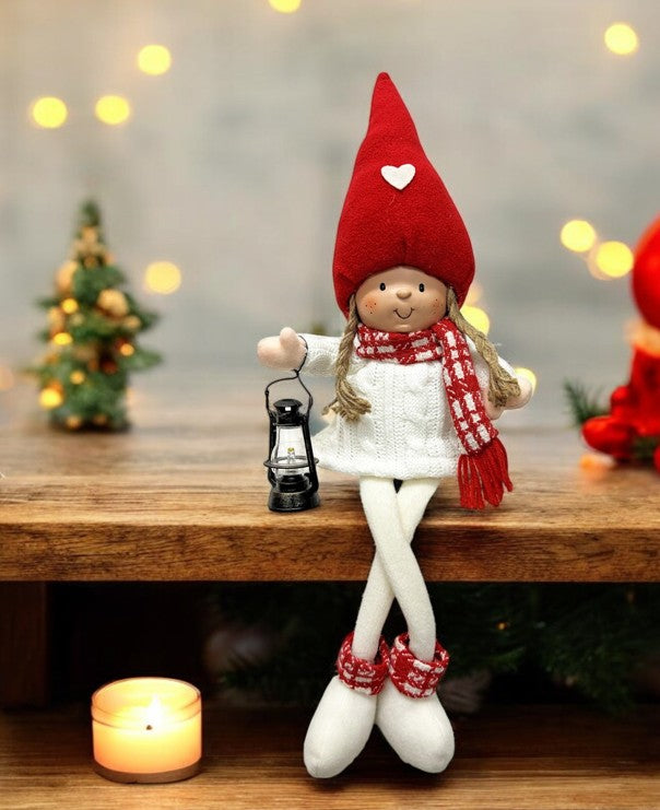 Deko Figur Mädchen weiss rot Kantenhocker mit Laterne in der Hand H52cm