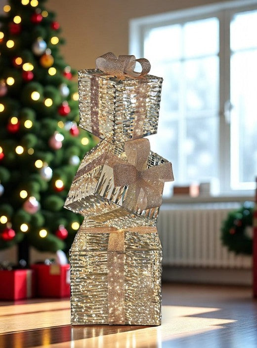 LED Geschenkbox gold Outdoor aus Metall mit 2080LED Micro Light goldige PET Streifen