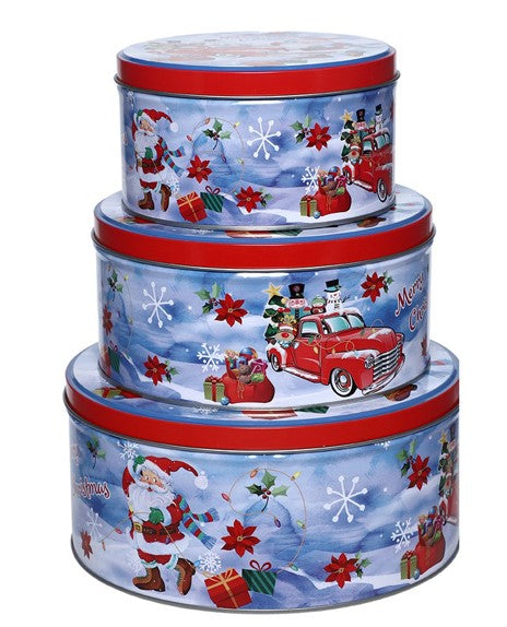 Guetzlidosen 3er Set rund mit XMAS Motiv Santa und Auto Weissblech