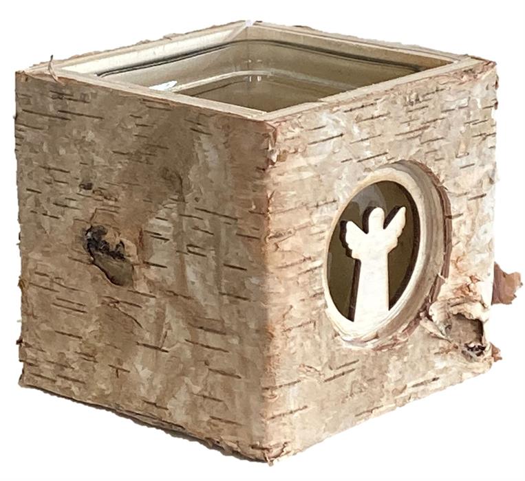Lanterne en bois avec insert en verre
L9cm x L9cm xH9cm
Motif : ange