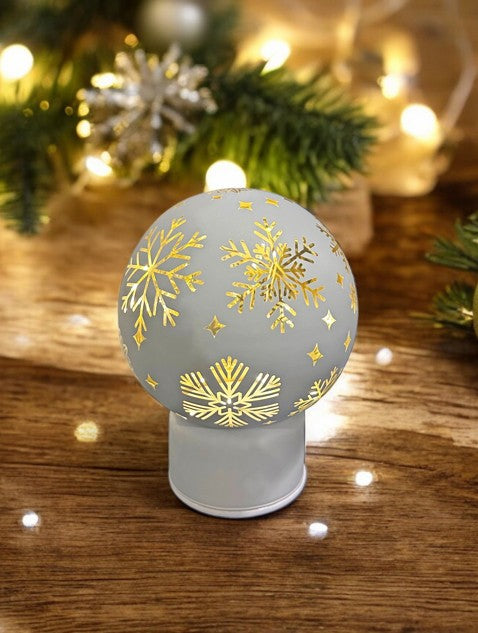 LED Glas Deko Kugel silber mit Rotation mit 15 LED Schneeflocken Motive