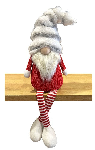 Deko Wichtel Kantenhocker rot weiss mit flauschiger Mütze grau weiss