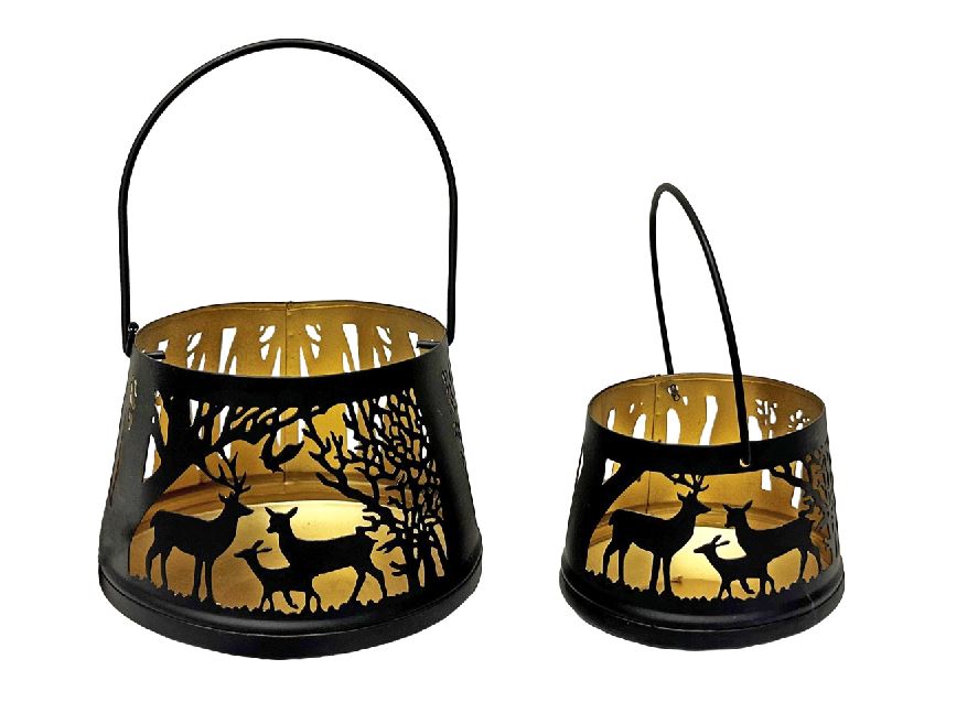 Windlicht Forest 2er Set mit Henkel aus Metall schwarz gold