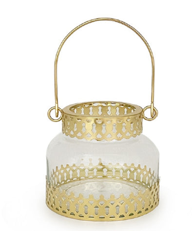 Windlicht aus Glas
mit goldenem Metall Rahmen