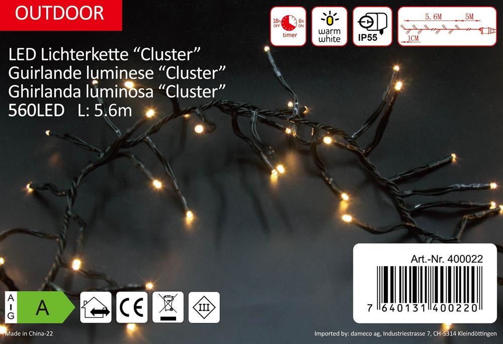 Fata di luci LED da esterno “cluster”.
560 LED a luce bianca calda
L: 560 cm Colore cavo: Verde