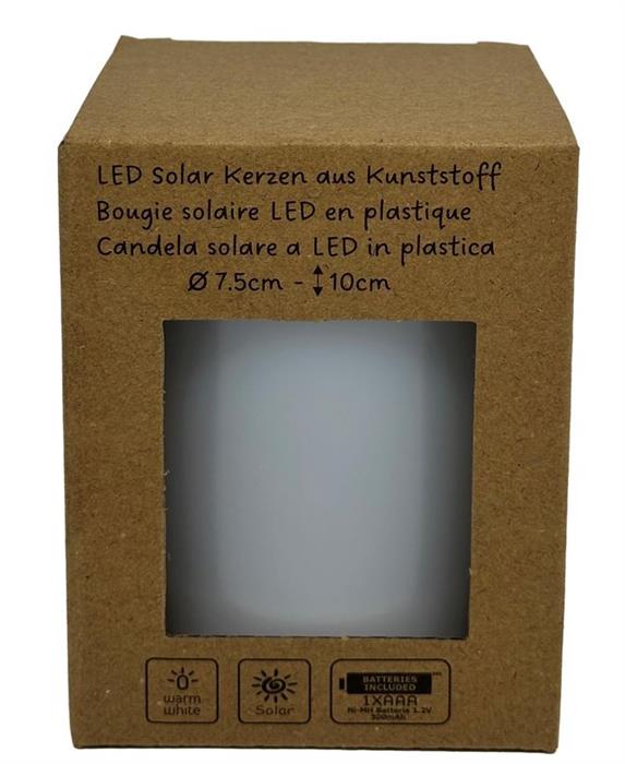 LED Solar Kerze Kunststoff
Outdoor wasserdicht IP44
D:7.5cm - H:10cm
Farbe weiss