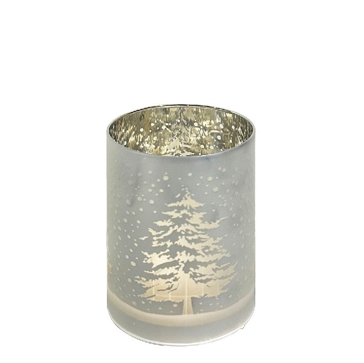 LED Windlicht Glas Silber mit 10LED Micro Light Design Tannenbaum