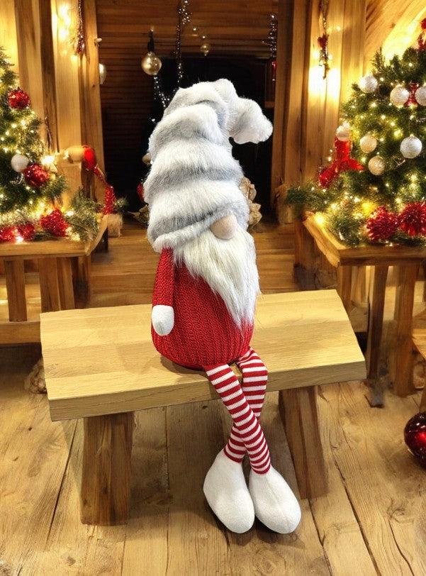 Deko Wichtel Kantenhocker rot weiss mit flauschiger Mütze grau weiss