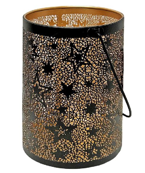 Windlicht schwarz aus Metall mit Sternen Design und Henkel