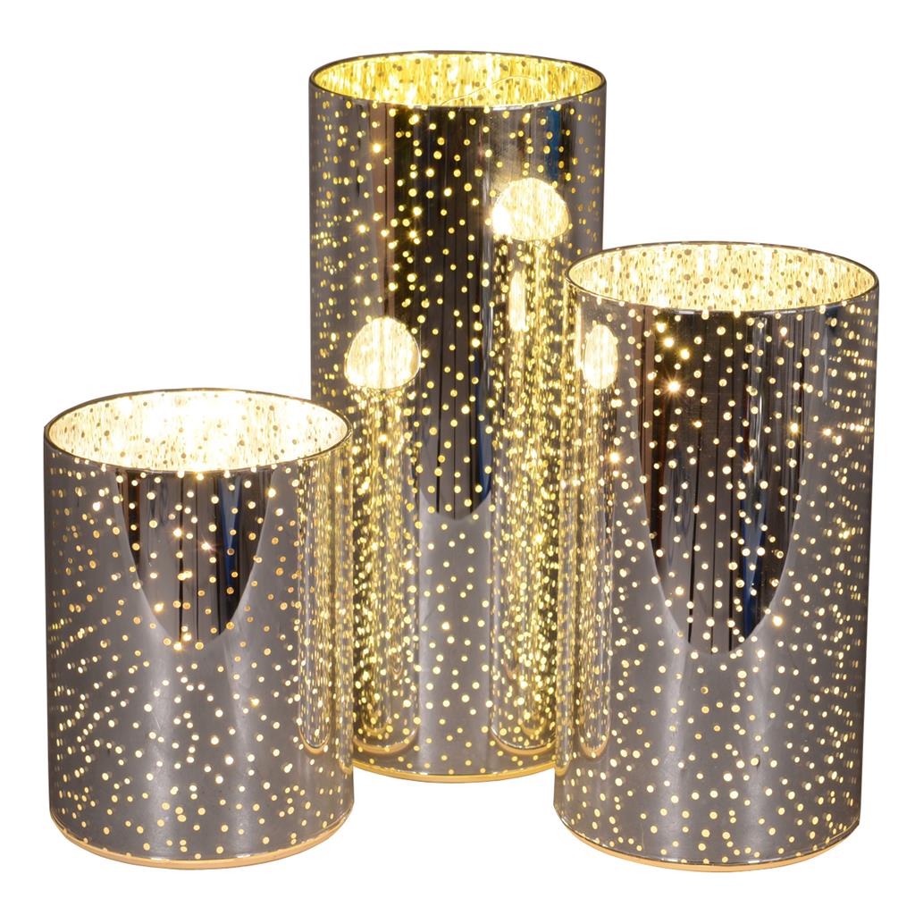 LED Windlicht 3er Set Glas Silber D10cm