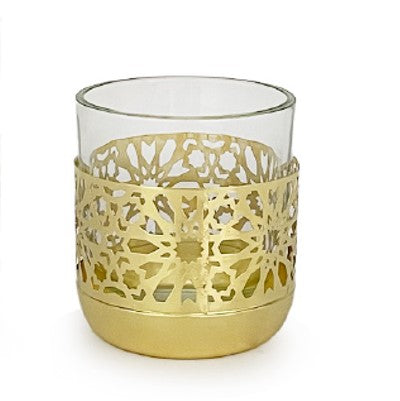 Windlicht aus Glas
mit goldiger Metallverzierung
D9cm H10cm