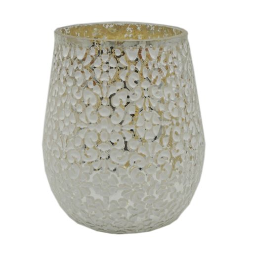 Windlicht aus Glas
silber -weiss
mit Blütenmuster H18.5cm