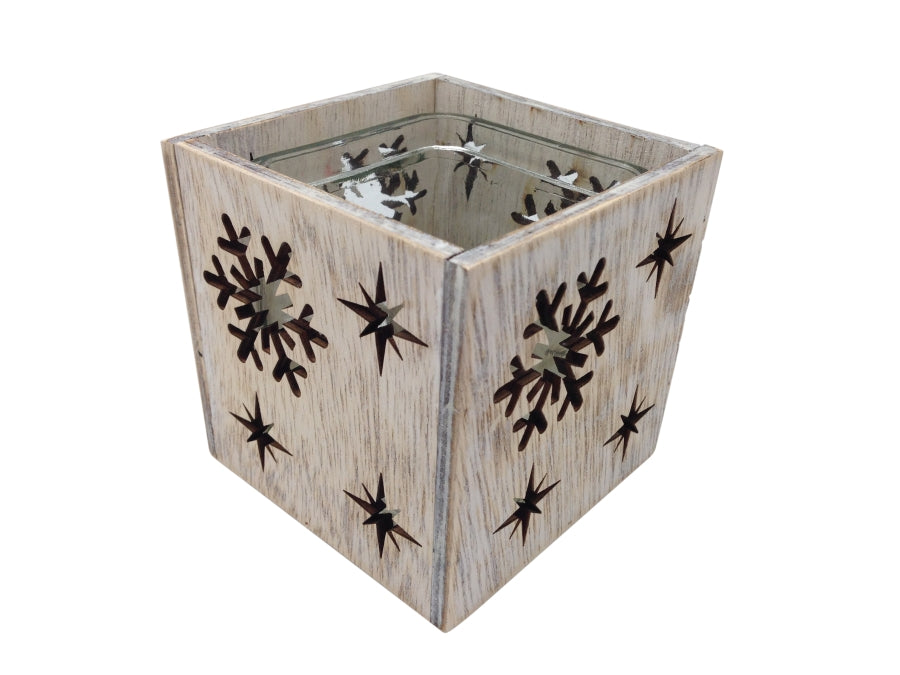 Lanterna in legno - con inserto in vetro
Motivo: fiocchi di neve
L:9 cm L:9 cm A:9 cm