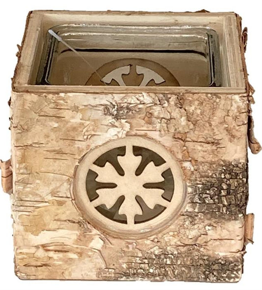 Windlicht aus Holz mit Glaseinsatz 
L12cm x B12cm xH11cm
Motiv: Schneeflocke