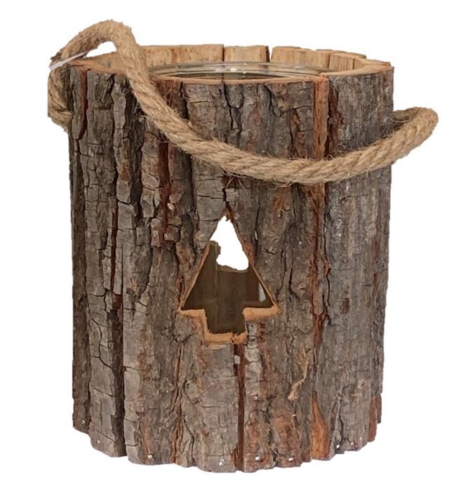 Windlicht aus Holz mit Glaseinsatz
und Kordel,
D13.5 x H16cm,
Motiv: Tanne