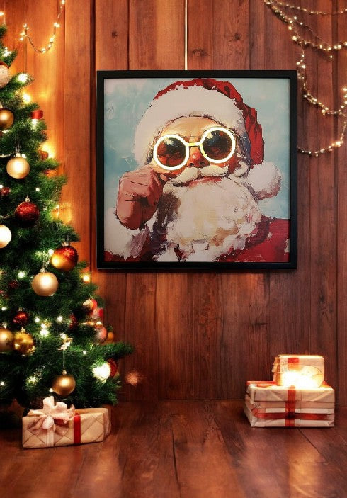 LED Bild Pop Art Santa mit Neon Brille mit Holzrahmen (MDF)