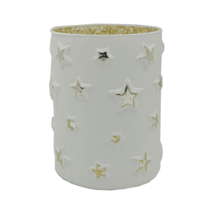 Windlicht aus Glas weiss
mit Sternenmotiv H15cm