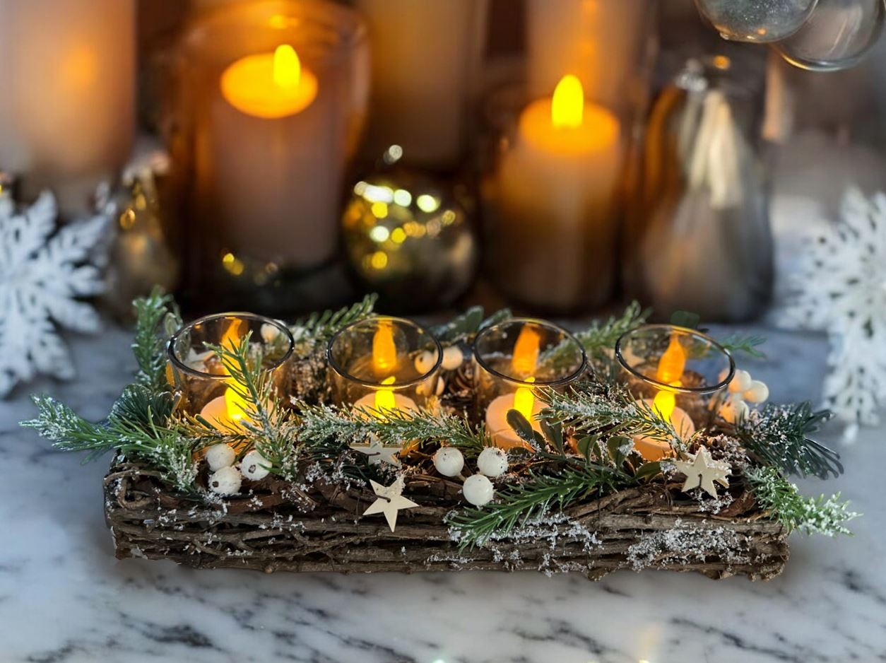Teelichthalter Xmas
aus Reisig für 4 Teelichter
als Adventsgesteck