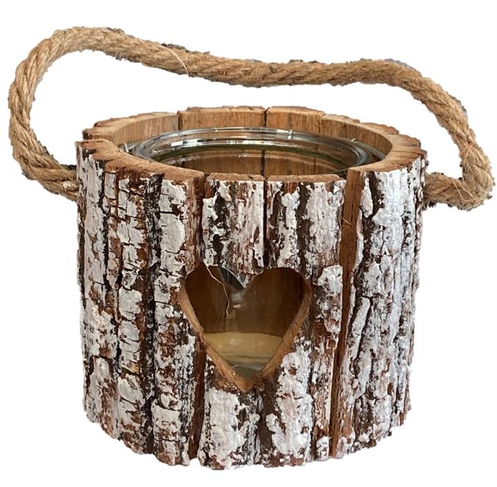 Windlicht aus Holz mit Glaseinsatz
und Kordel
D13.5 x H11cm
Motiv: Herz