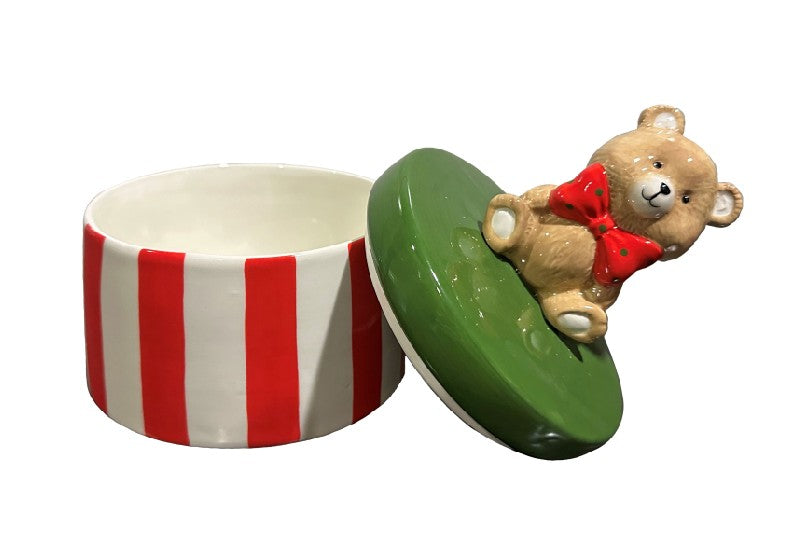 Deko Dose Teddybär weiss rot gestreift grüner Deckel