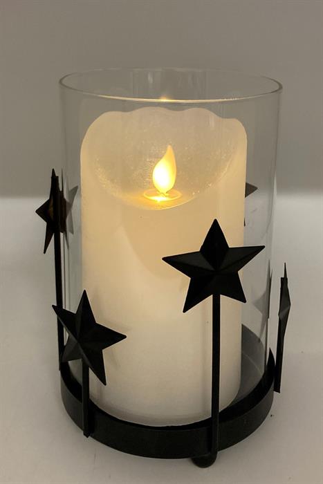 Windlicht aus Glas
mit schwarzem Metallrand
und mit Sternen